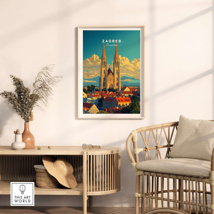 Zagreb Croatia poster featuring the city's skyline and iconic architecture, displayed in a modern home setting.