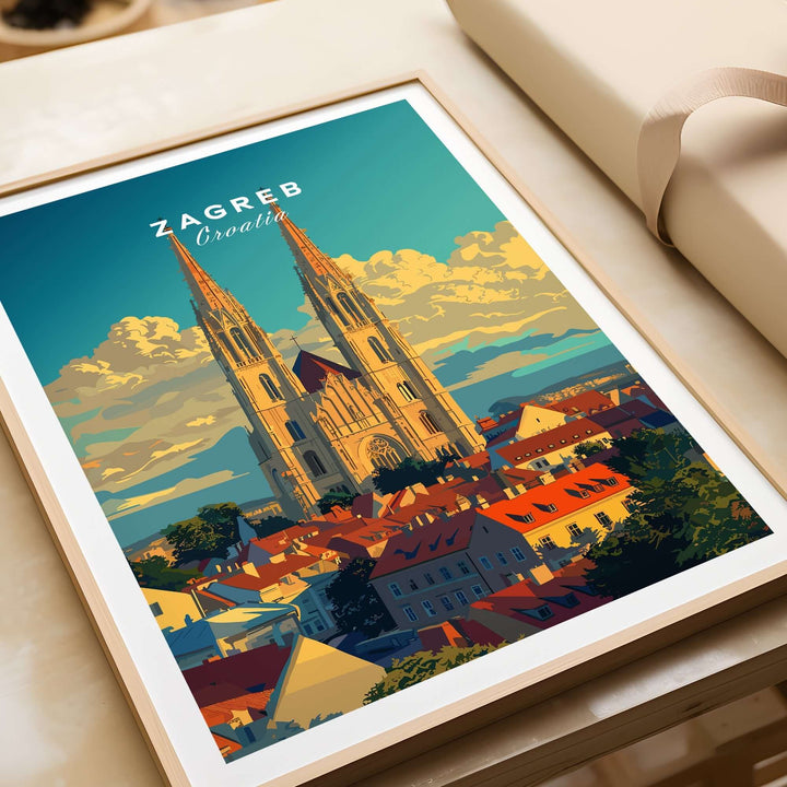 Zagreb Croatia poster featuring St. Stephen's Cathedral amidst a colorful cityscape, ideal for home decor.