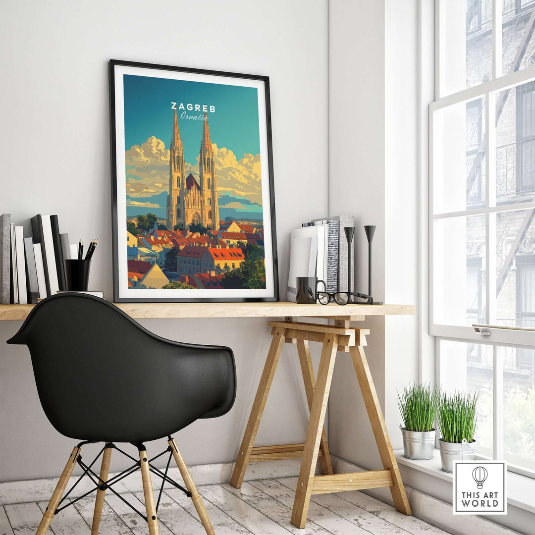 Zagreb Croatia poster displayed in a modern workspace, showcasing the city's skyline and culture. Perfect for home decor.