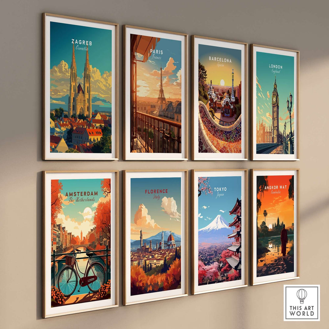 Framed travel posters featuring Zagreb, Paris, Barcelona, London, Amsterdam, Florence, Tokyo, and Angkor Wat on a wall.