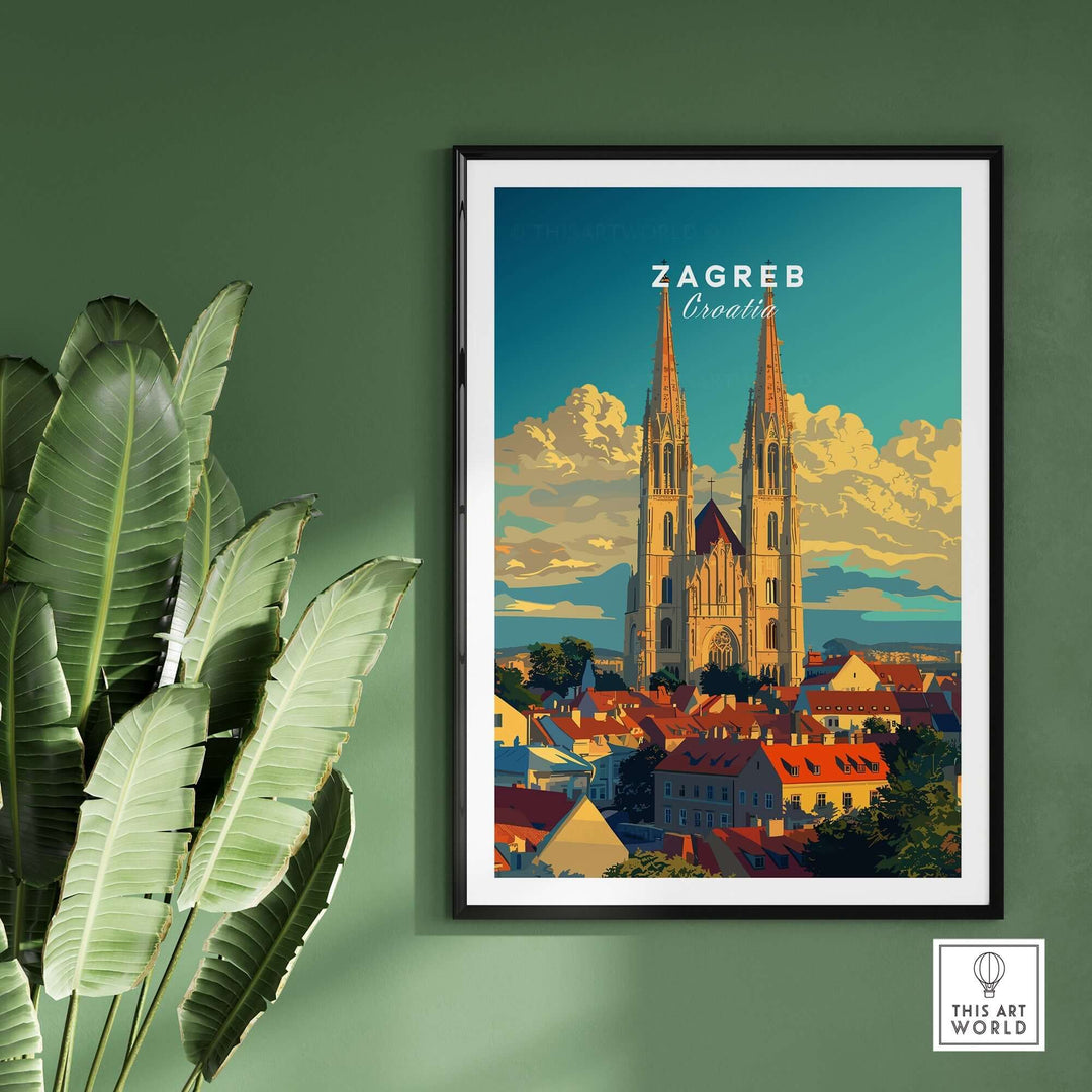 Zagreb Croatia poster featuring St. Stephen's Cathedral and vibrant cityscape, ideal for home or office decor.