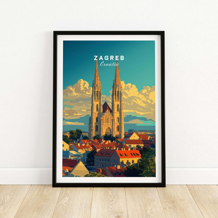 Zagreb Croatia poster showcasing the iconic cityscape and architecture, perfect for home or office decor.