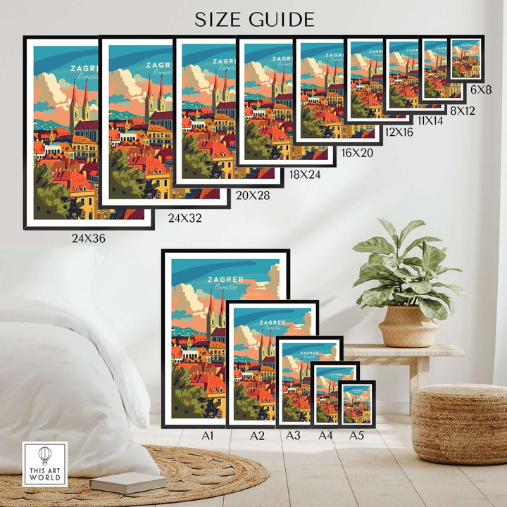 Zagreb Poster size guide showcasing various frame sizes and vibrant cityscape art for home decoration.