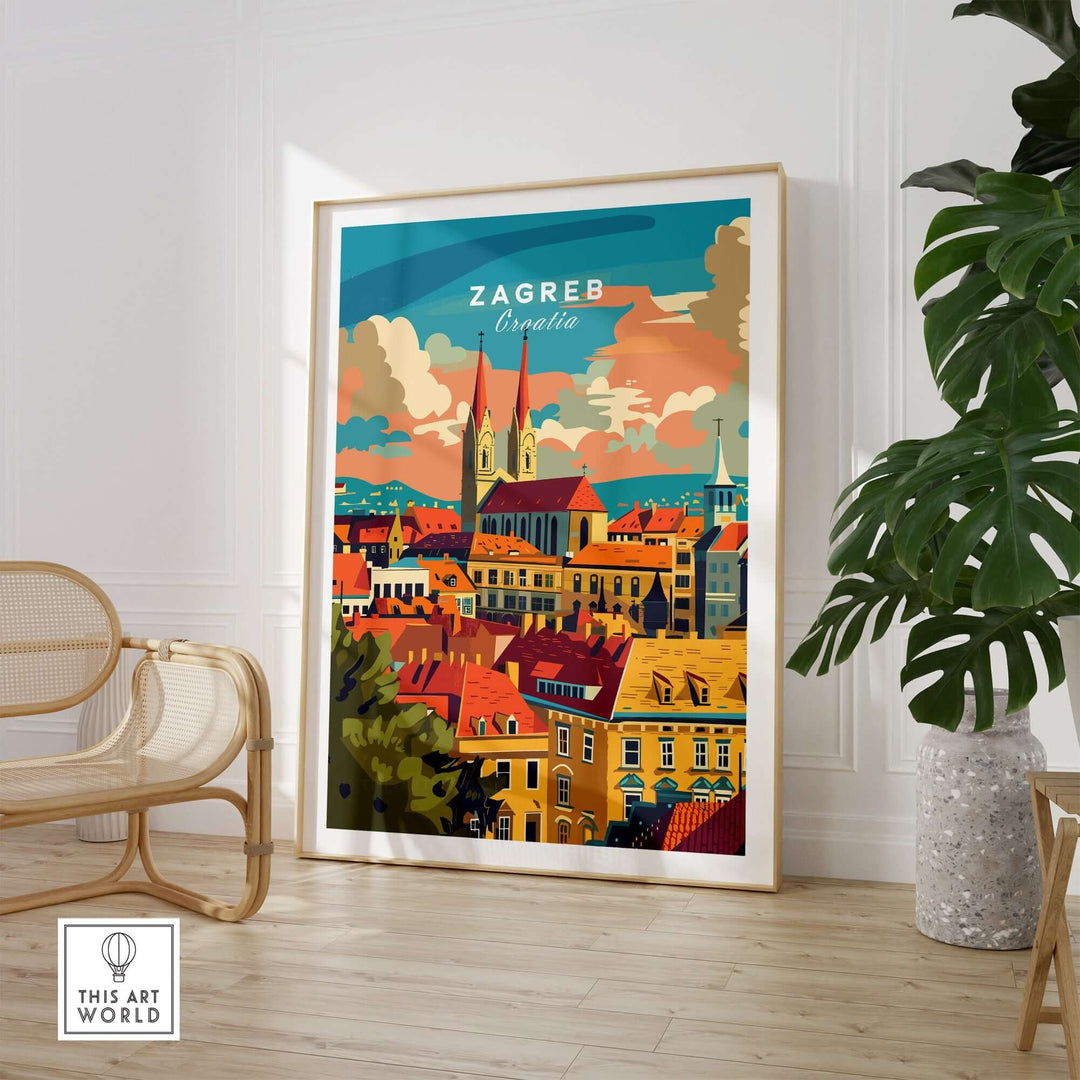 Zagreb poster showcasing vibrant city skyline and architecture, perfect for home or office decor.