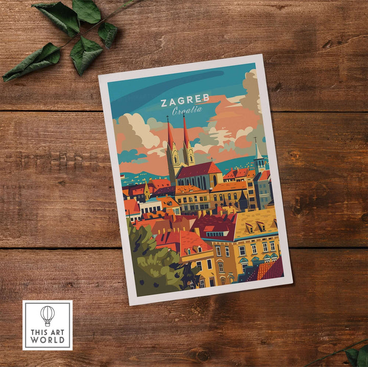 Zagreb Poster showcasing the vibrant skyline and charming architecture of Croatia's capital city, perfect for home decor.