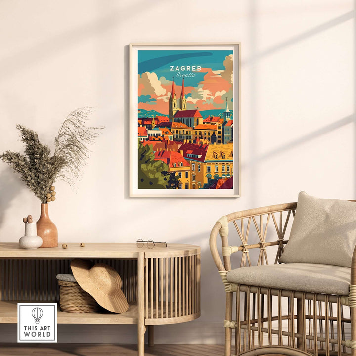 Zagreb Poster showcasing the vibrant cityscape of Zagreb, Croatia, framed and displayed in a stylish home setting.