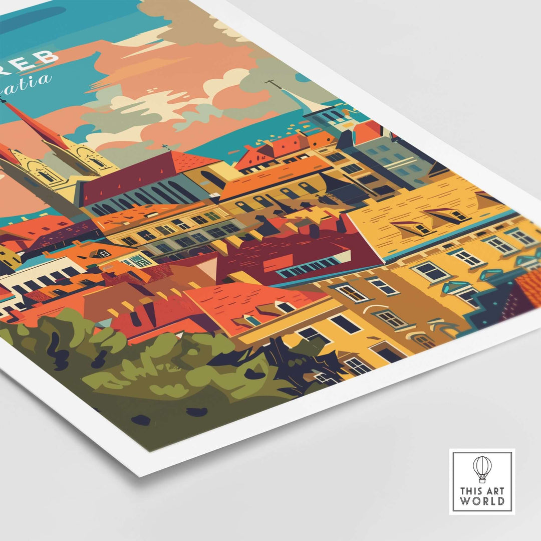 Zagreb Poster featuring colorful rooftops and architecture of Croatia, perfect for travel enthusiasts and home decor.