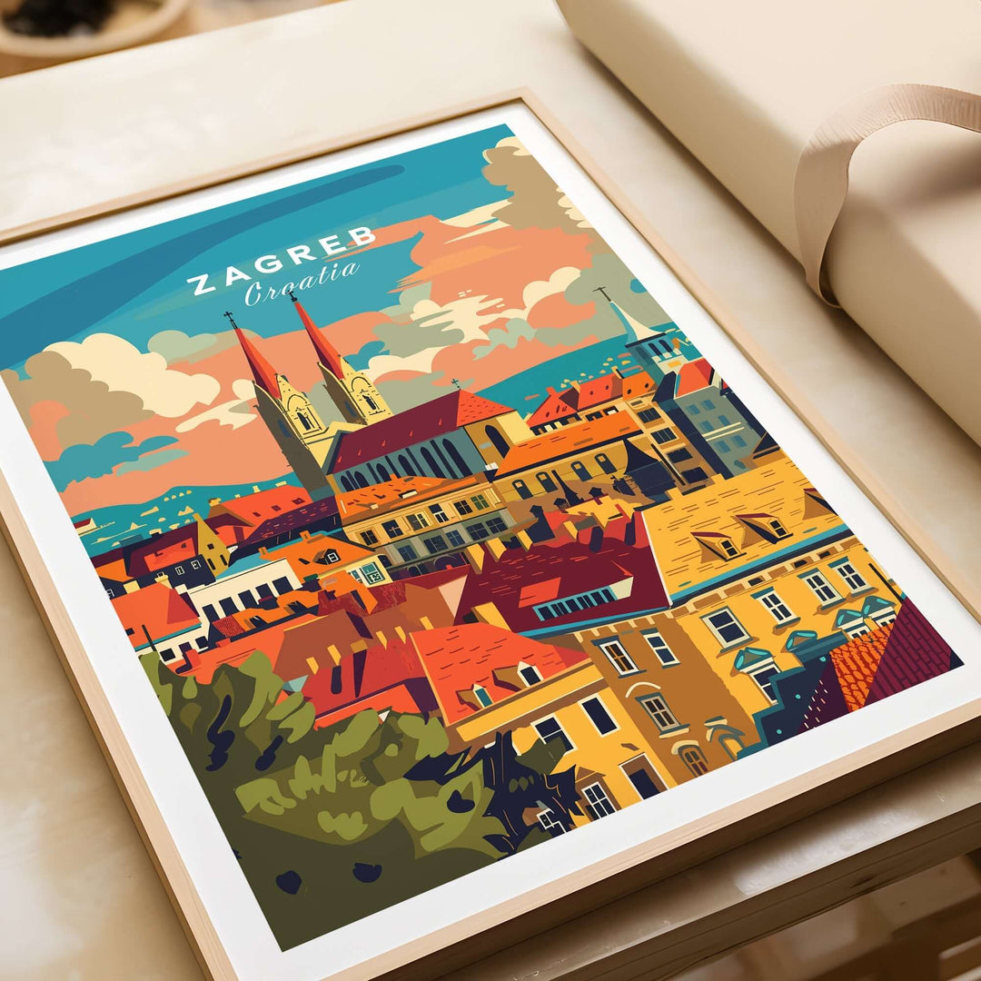 Colorful Zagreb poster showcasing the cityscape of Croatia, perfect for travel enthusiasts and home decor.