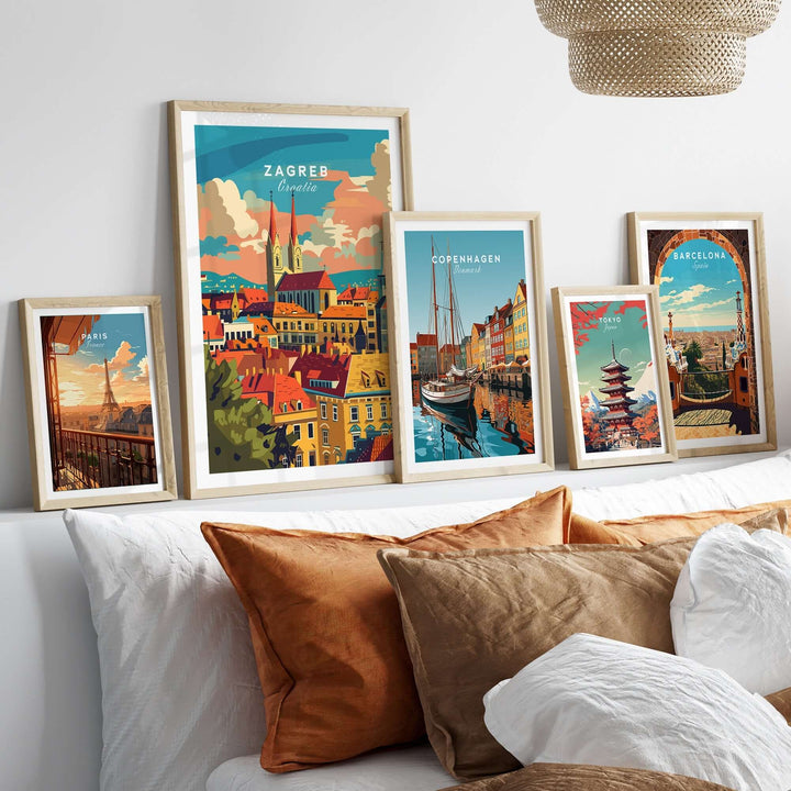 Zagreb Poster displayed among other city travel posters in a stylish living room setting with cozy decor.