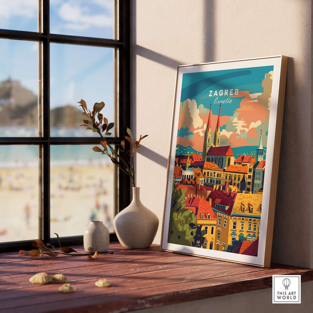 Framed Zagreb poster featuring a vibrant cityscape, perfect for travel enthusiasts and decor lovers.