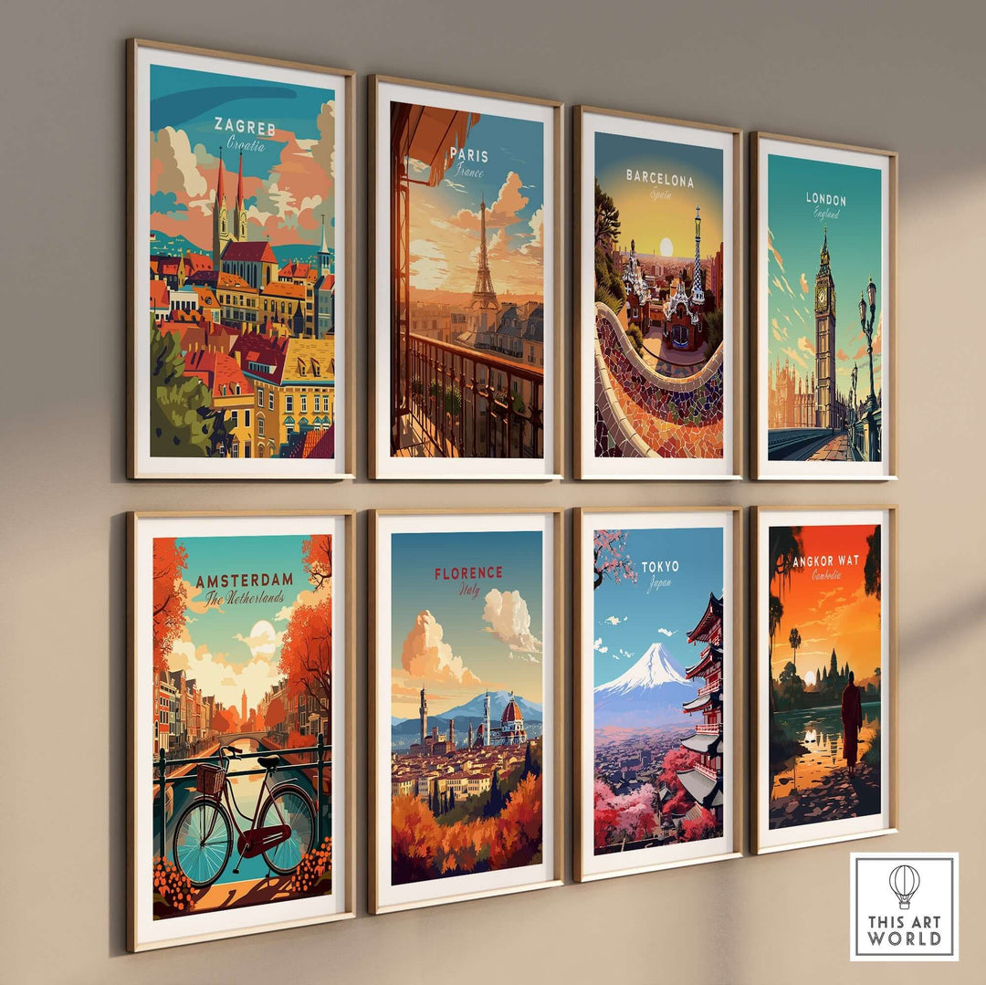 Colorful travel posters featuring Zagreb, Paris, Barcelona, London, Amsterdam, Florence, Tokyo, and Angkor Wat arranged on a wall.