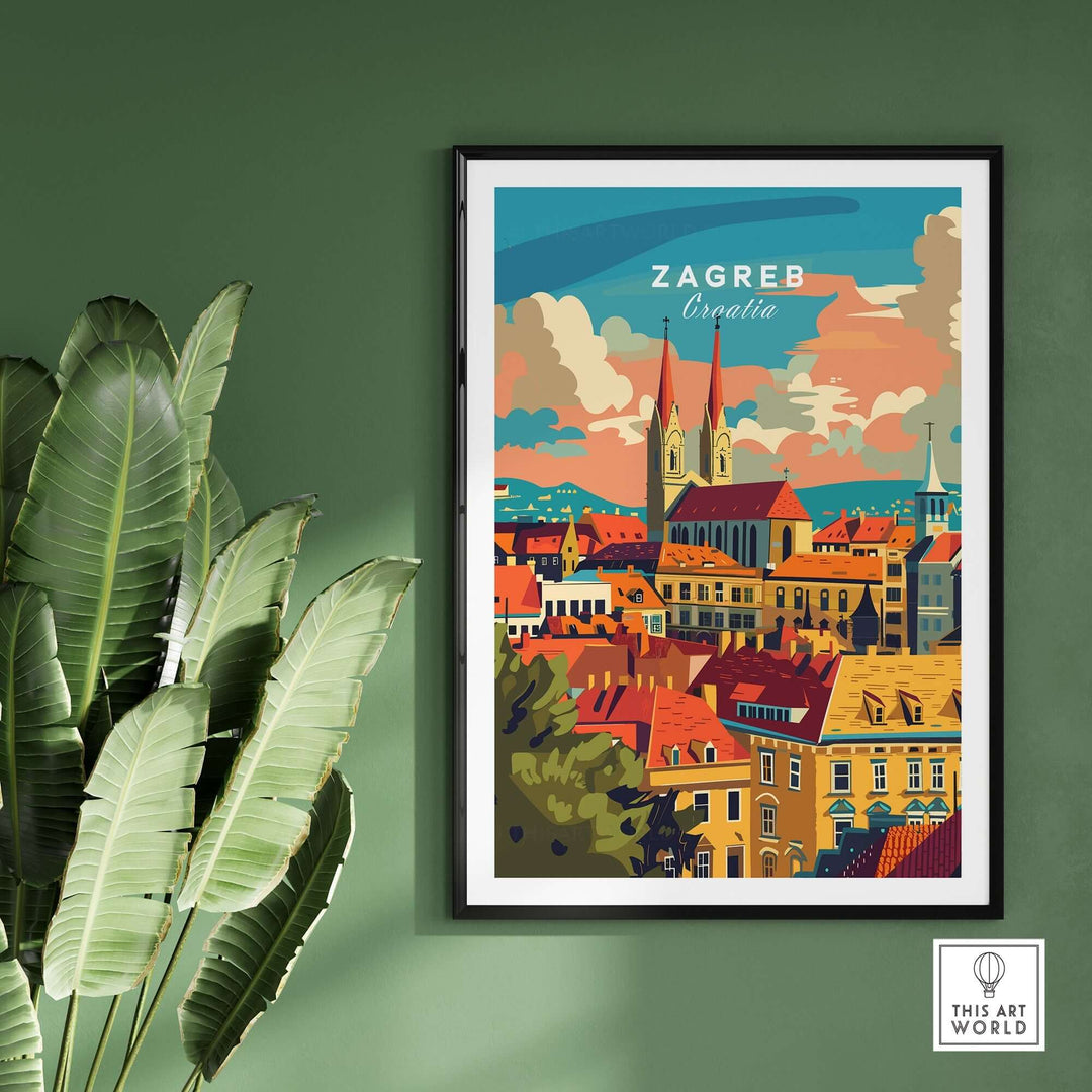 Zagreb Poster showcasing the vibrant cityscape of Zagreb, Croatia, with colorful buildings and iconic landmarks.