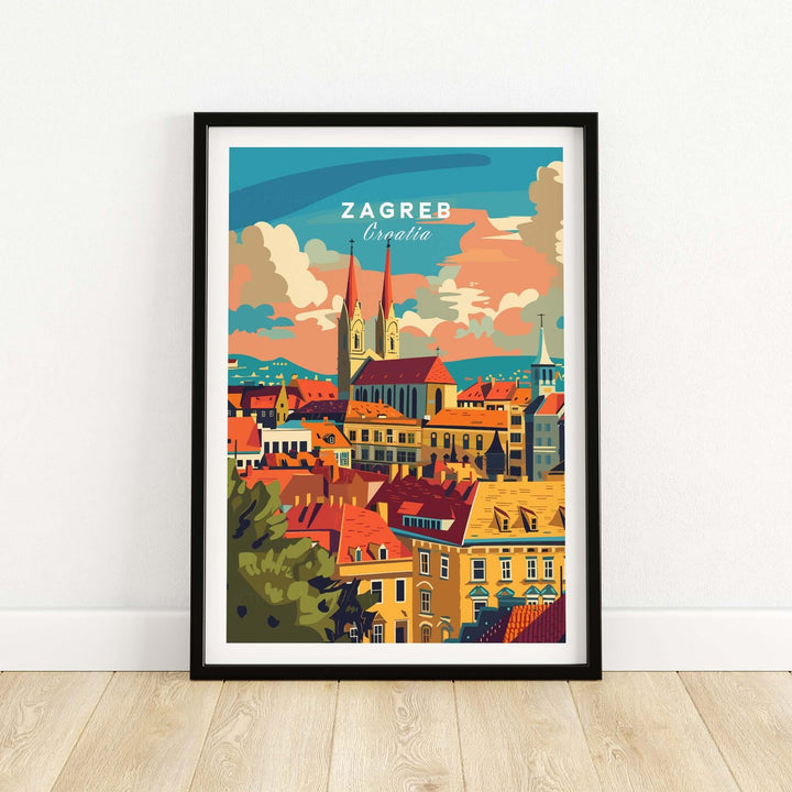 Zagreb Poster Croatia featuring colorful cityscape and landmarks, perfect for home or office decor.