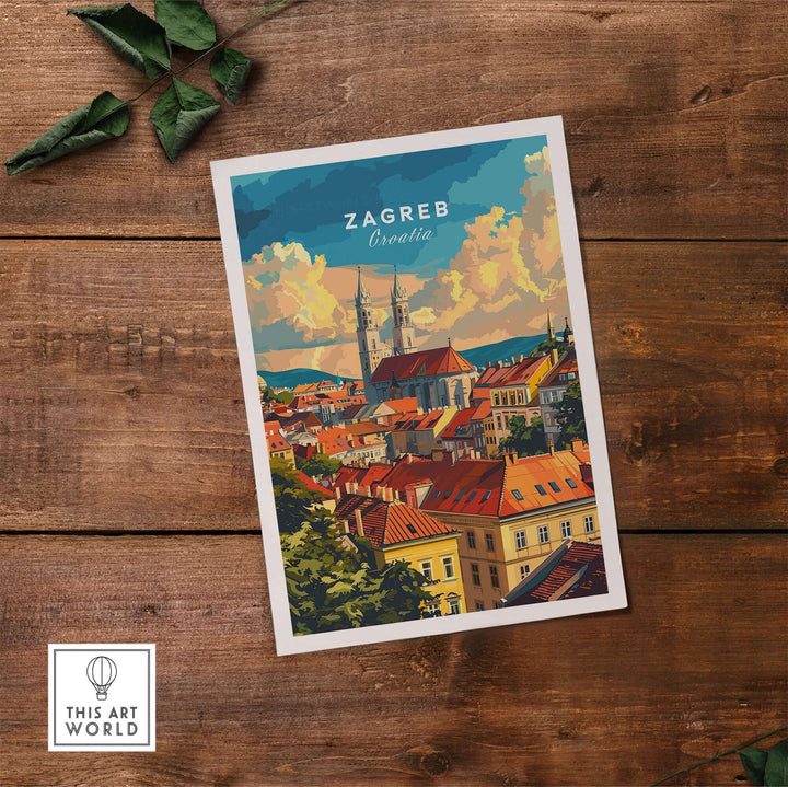 Zagreb travel poster showcasing vibrant rooftops and landmarks of Croatia on a wooden background. Perfect for home decor.