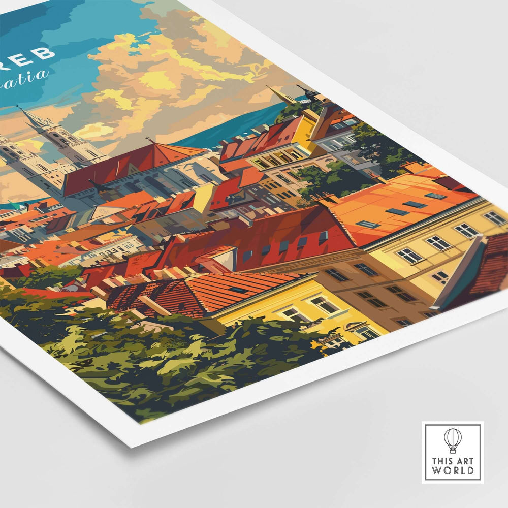 Zagreb Wall Art Print showcasing colorful rooftops and skyline of Croatia, perfect for travel enthusiasts and home decor.