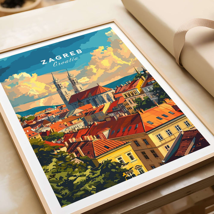 Zagreb wall art print featuring vibrant rooftops and landmarks of Croatia, perfect for travel enthusiasts.