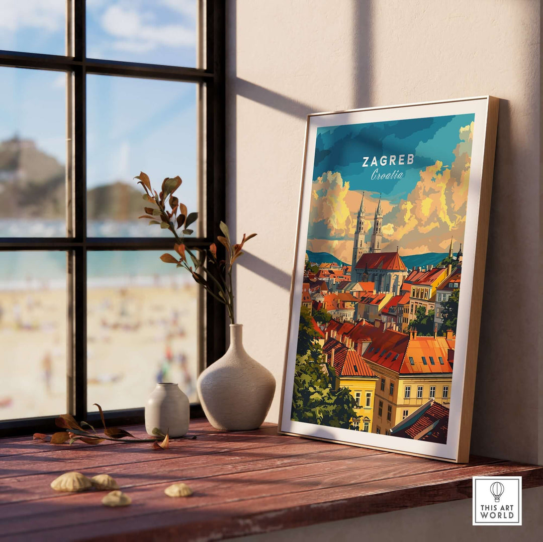 Zagreb Wall Art Print displayed in a bright room, showcasing vibrant colors of Croatia's cityscape and culture.