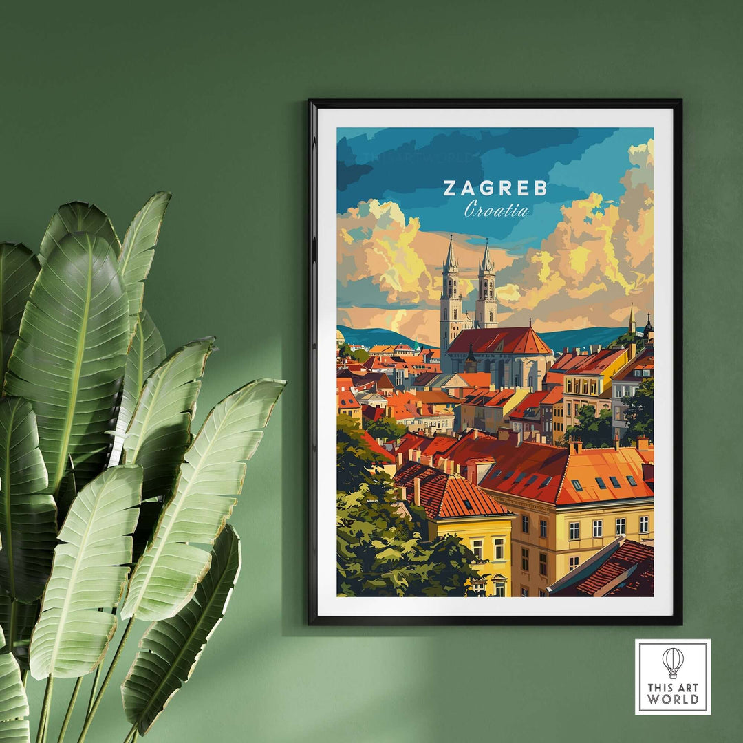 Zagreb wall art print featuring vibrant cityscape of Croatia with lush greenery in a modern setting.