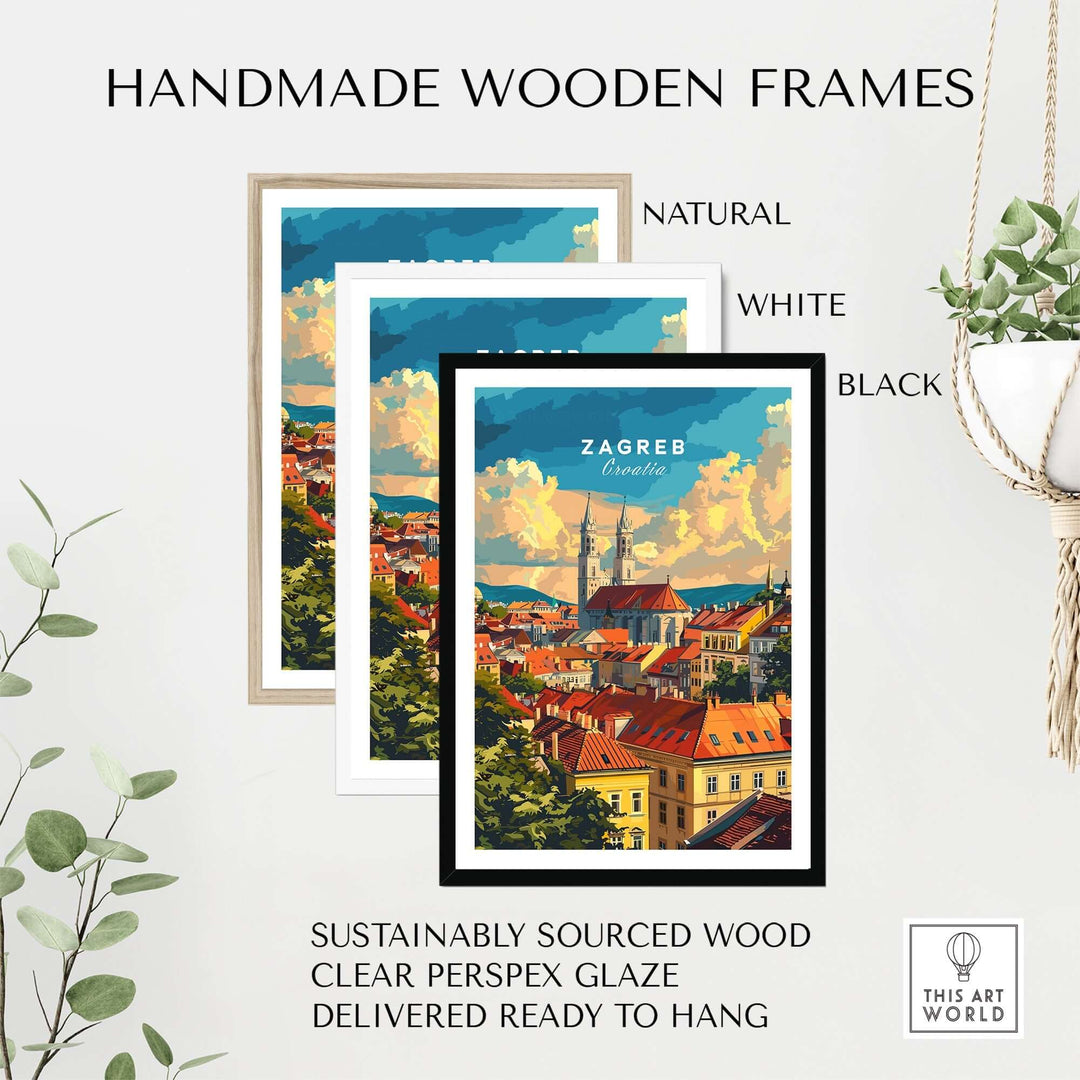 Handmade wooden frames in natural, white, and black showcasing Zagreb wall art print with clear perspex glaze. Ready to hang.