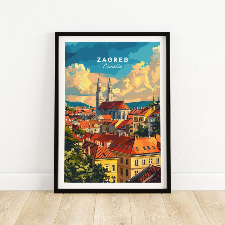 Zagreb wall art print showcasing colorful rooftops and iconic landmarks of Croatia's capital city. Ideal for travel enthusiasts.