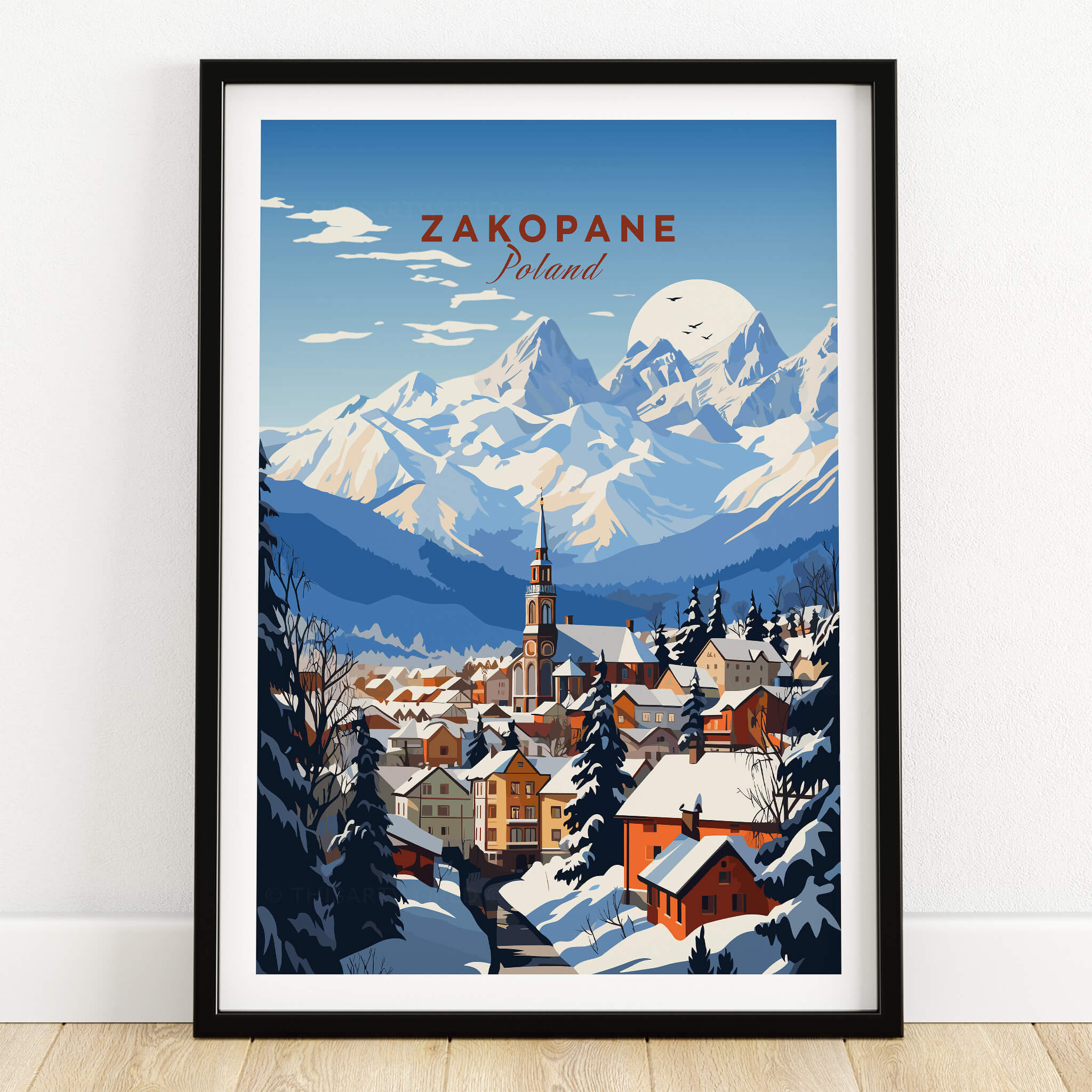 Zakopane Print featuring a vibrant illustration of the Zakopane town and mountains in Poland.