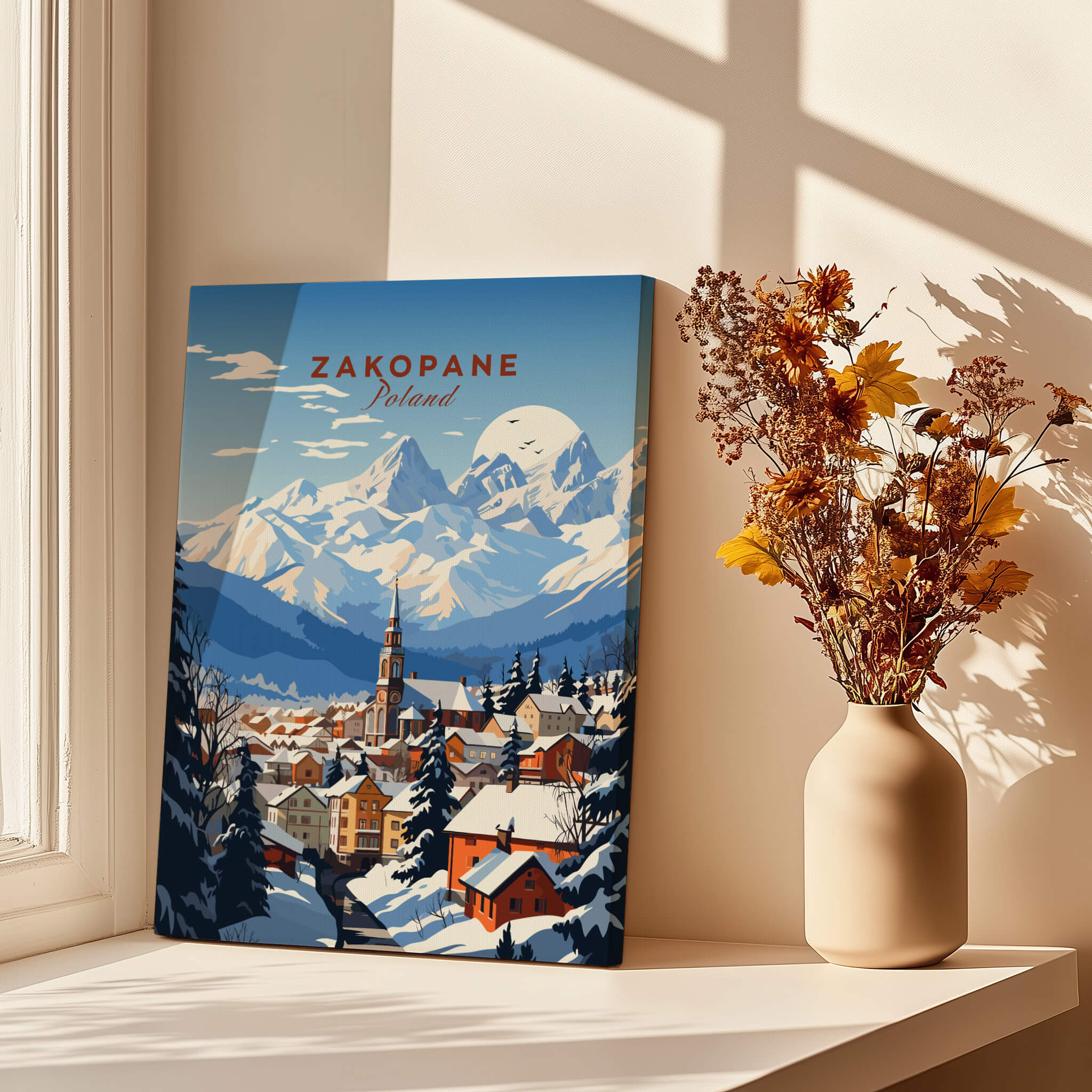 Zakopane Print featuring a vibrant landscape of Zakopane, Poland, with mountains and a charming town amidst natural beauty.