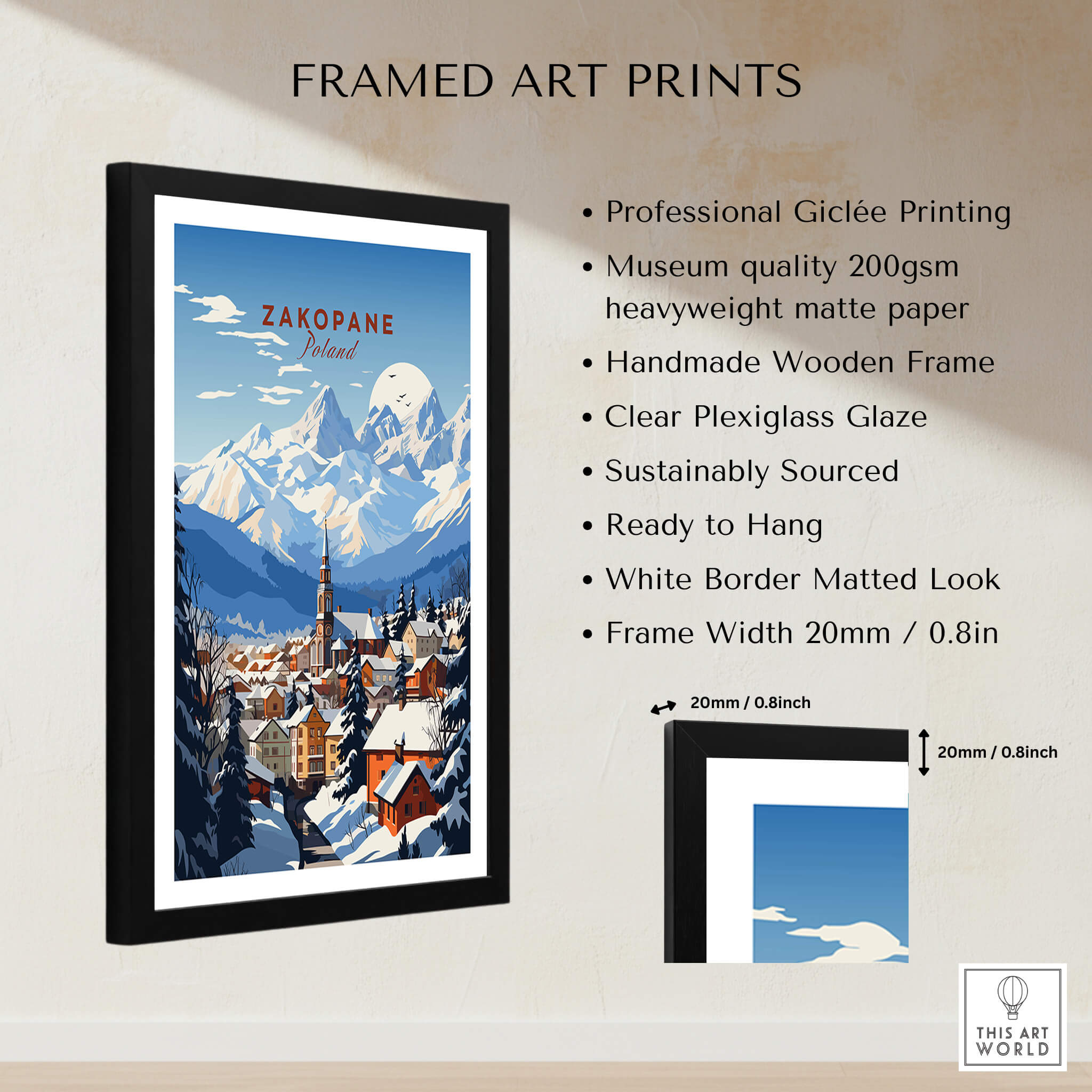 Framed Zakopane Print showcasing vibrant mountain scenery and town details with a professional finish.