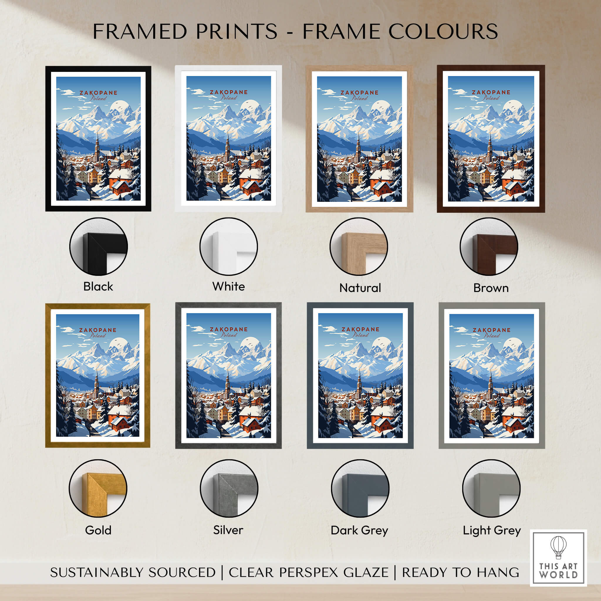 Zakopane Print showcased in various frame colors including black, white, natural, brown, gold, silver, dark grey, and light grey.