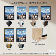 Framed Zakopane Print options in various colors including Black, White, Natural, Brown, Gold, Silver with dimensions.