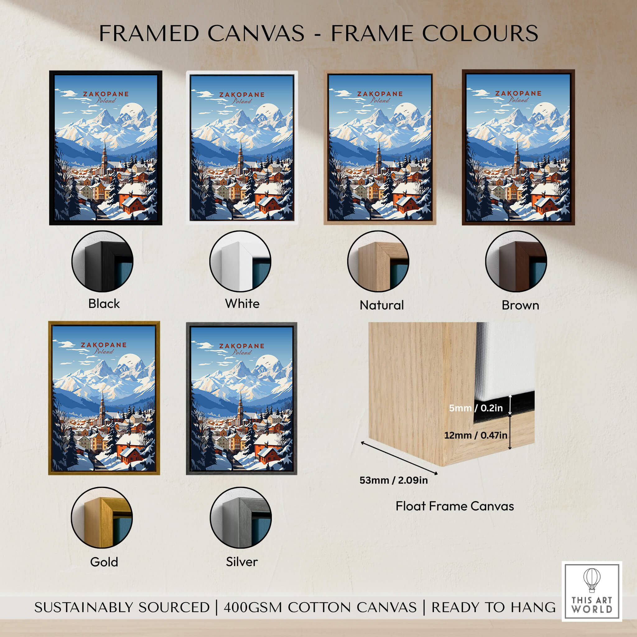 Framed Zakopane Print options in various colors including Black, White, Natural, Brown, Gold, Silver with dimensions.