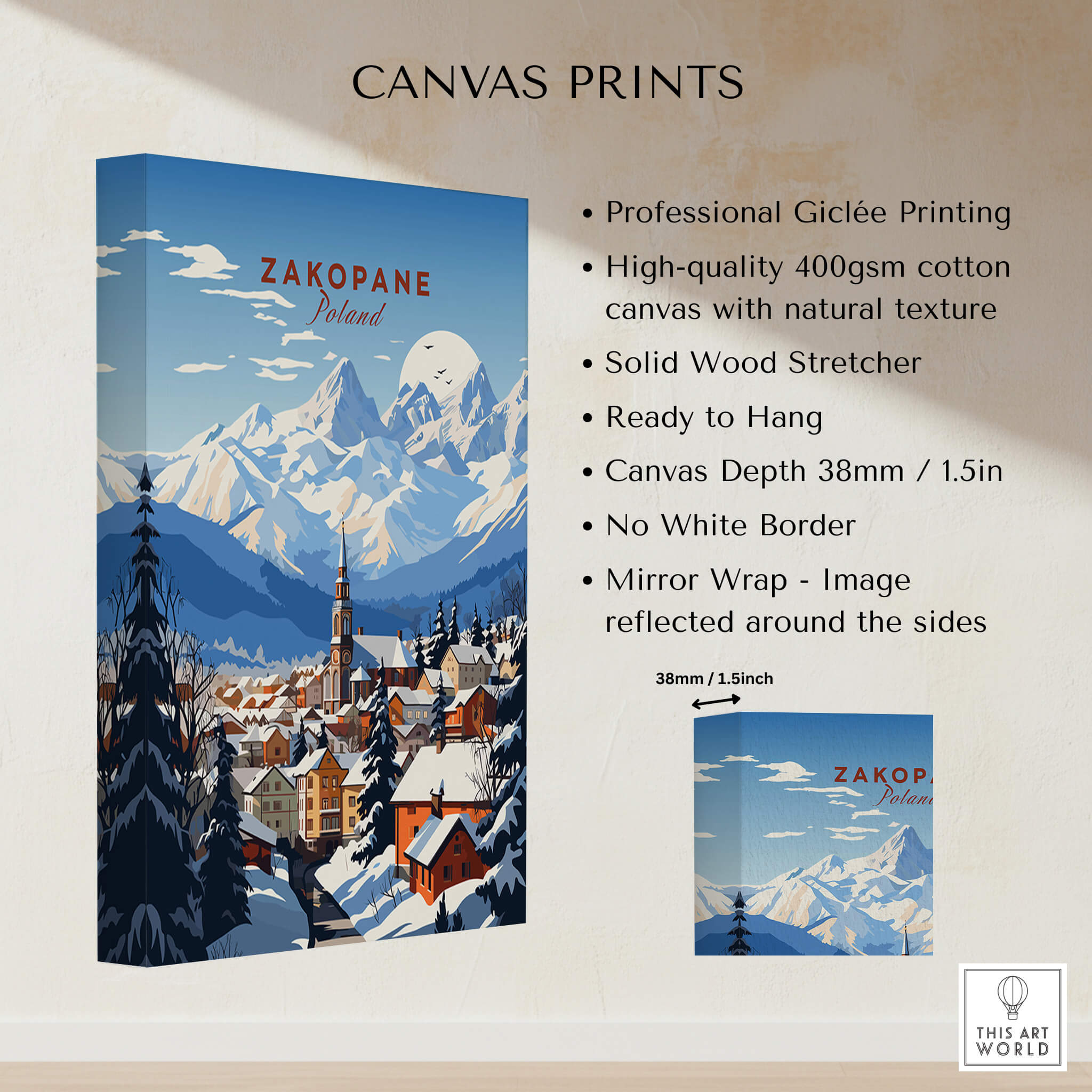Zakopane Print vibrant canvas print showcasing the beautiful mountain town of Zakopane, Poland with rich colors and details.