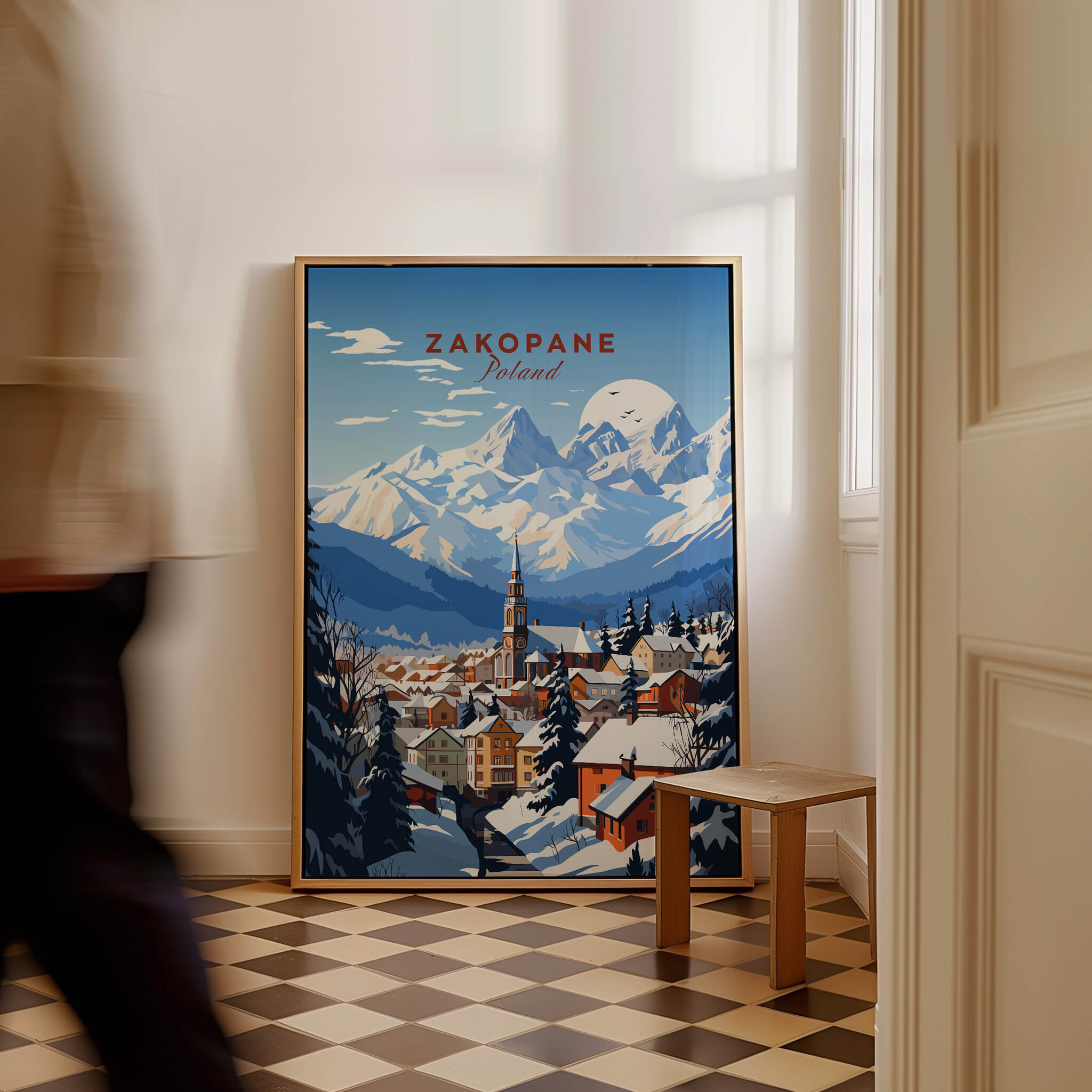 Zakopane Print showcasing a scenic view of Zakopane, Poland, with mountains and colorful houses.
