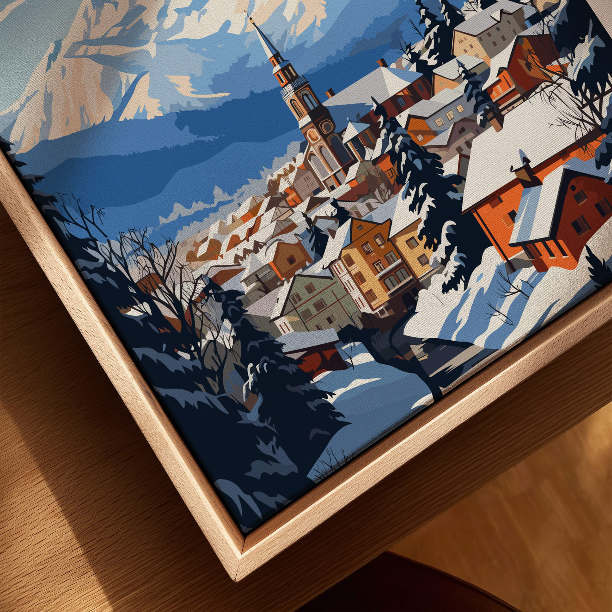 Zakopane Print showcasing a picturesque snowy landscape with vibrant houses and mountains in the background.