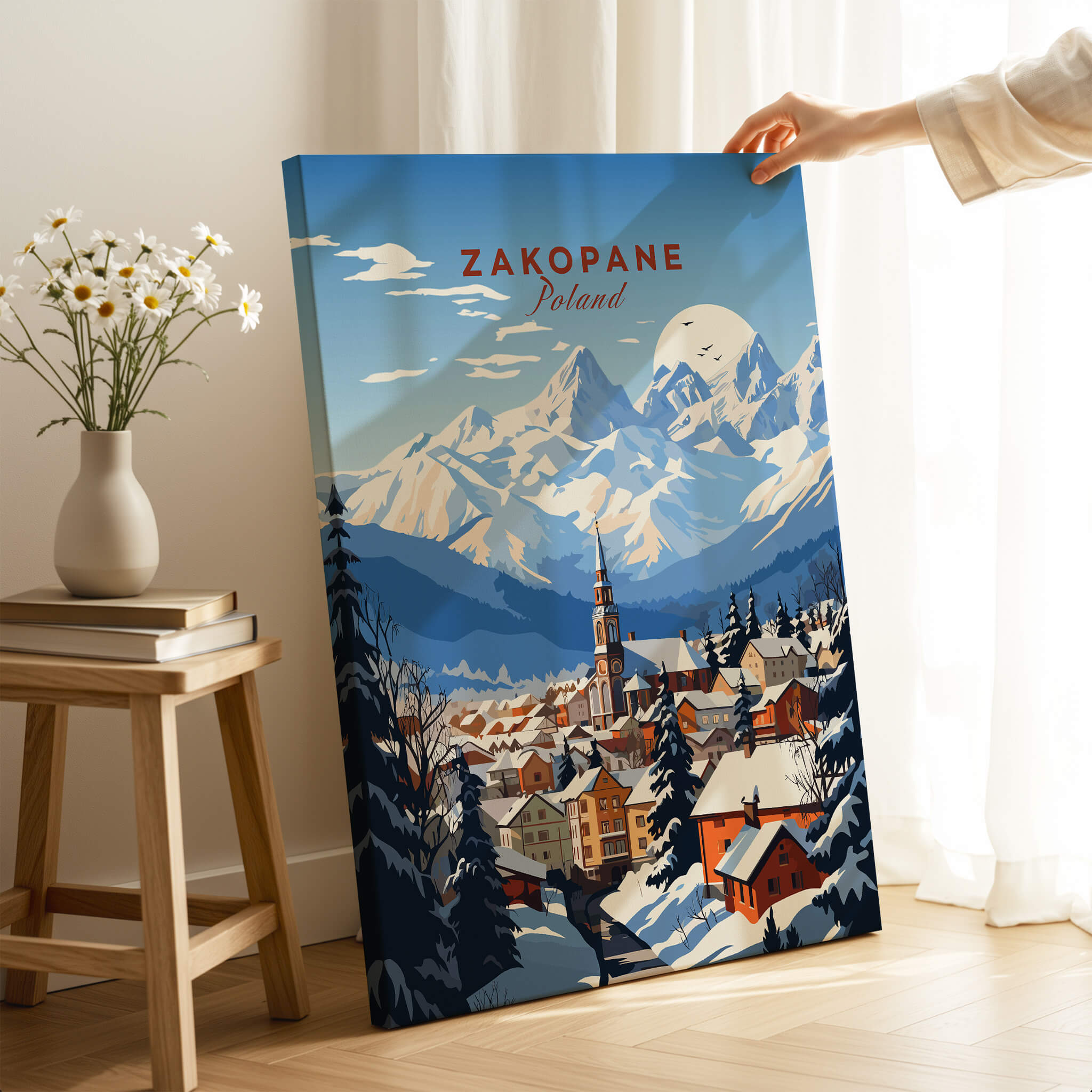 Zakopane Print showcasing a vibrant winter scene of Zakopane, Poland, with mountains and cozy cottages.