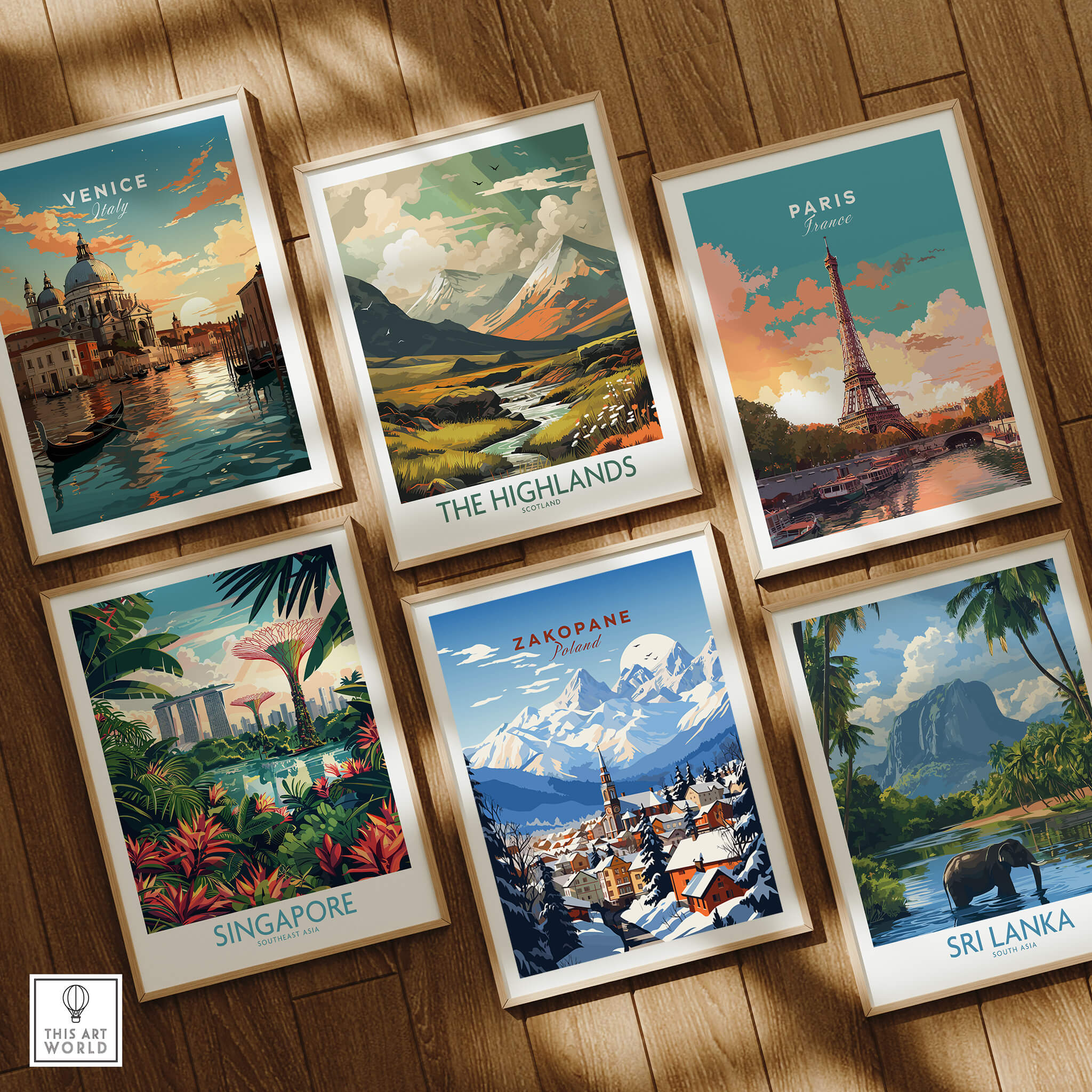 Colorful travel poster prints including Zakopane Print and others showcasing famous global destinations.