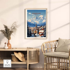 Zakopane Print featuring a serene mountain landscape, vibrant colors, and detailed town scene, enhancing home decor.