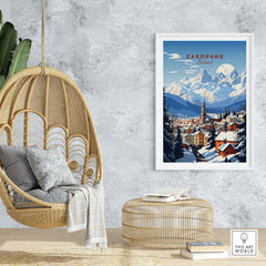 Vibrant Zakopane Print featuring a snowy mountain town scene, perfect for home decor inspired by Poland's natural beauty.