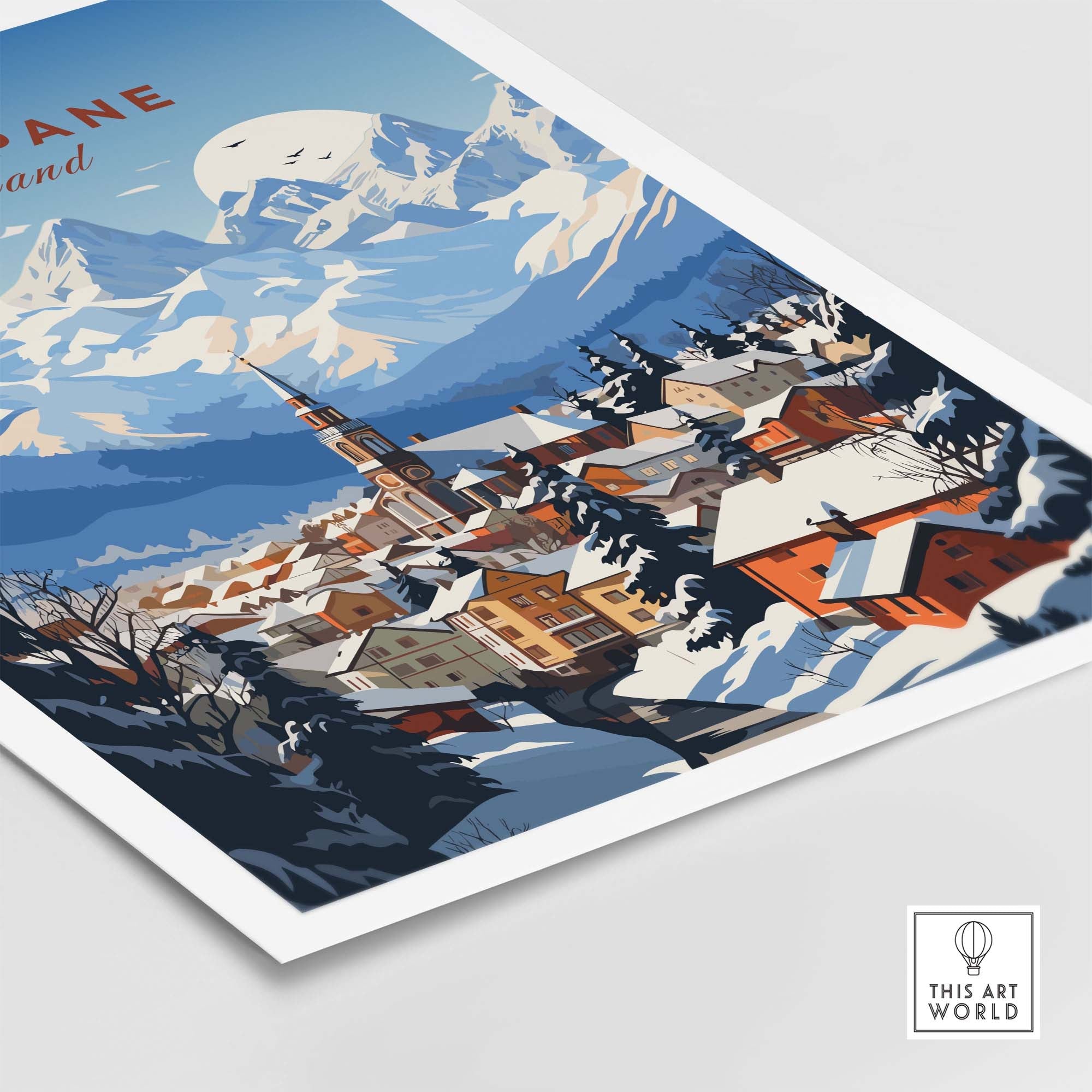 Vibrant Zakopane print showcasing a snowy mountain town landscape, perfect for home decor and travel enthusiasts.
