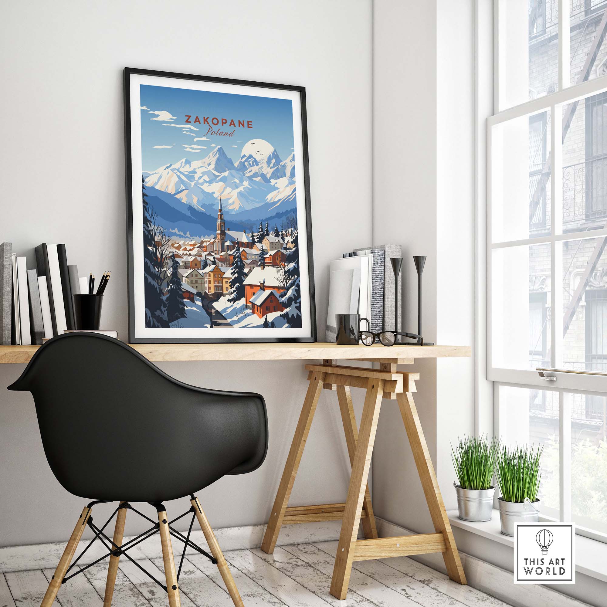 Zakopane Print hanging in a modern interior, showcasing vibrant colors and mountain scenery, perfect for home decor.
