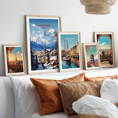 Zakopane Print and travel posters arranged on a stylish bed, enhancing home decor with vibrant colors and cultural themes.