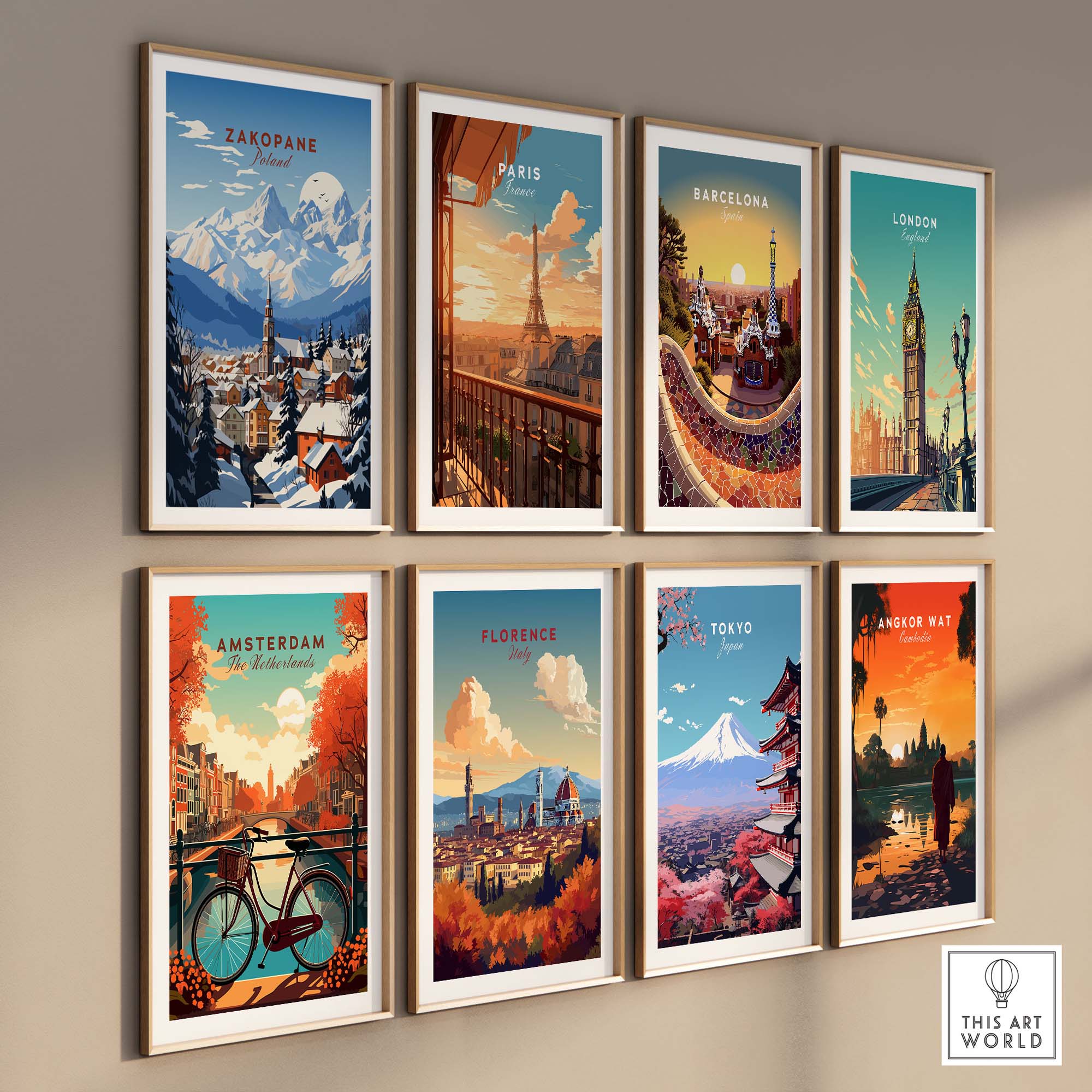 Collection of vibrant city travel posters featuring Zakopane, Paris, Barcelona, London, Amsterdam, Florence, Tokyo, and Bangkok.