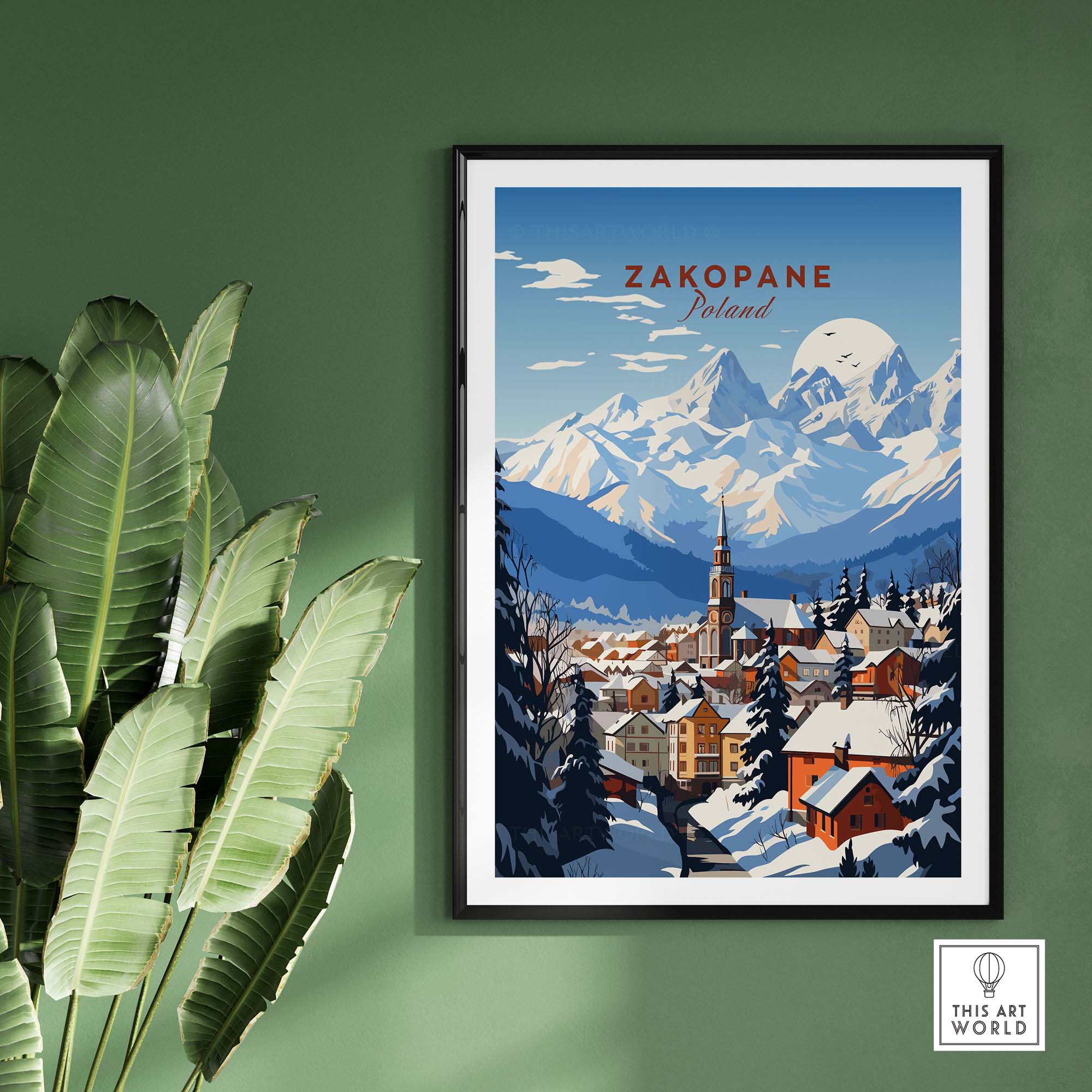 Zakopane Print showcasing a winter scene of Polish mountains and town, adding vibrant nature decor to any room.