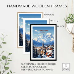 Zakopane Print displayed in three handmade wooden frames: natural, white, and black, perfect for home decor.
