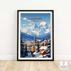 Vibrant Zakopane Print showcasing a snowy mountain town in Poland, perfect for home decor and travel inspiration.