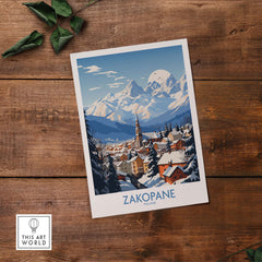 Zakopane travel poster showcasing a picturesque winter scene of mountains and a ski resort town in Poland.
