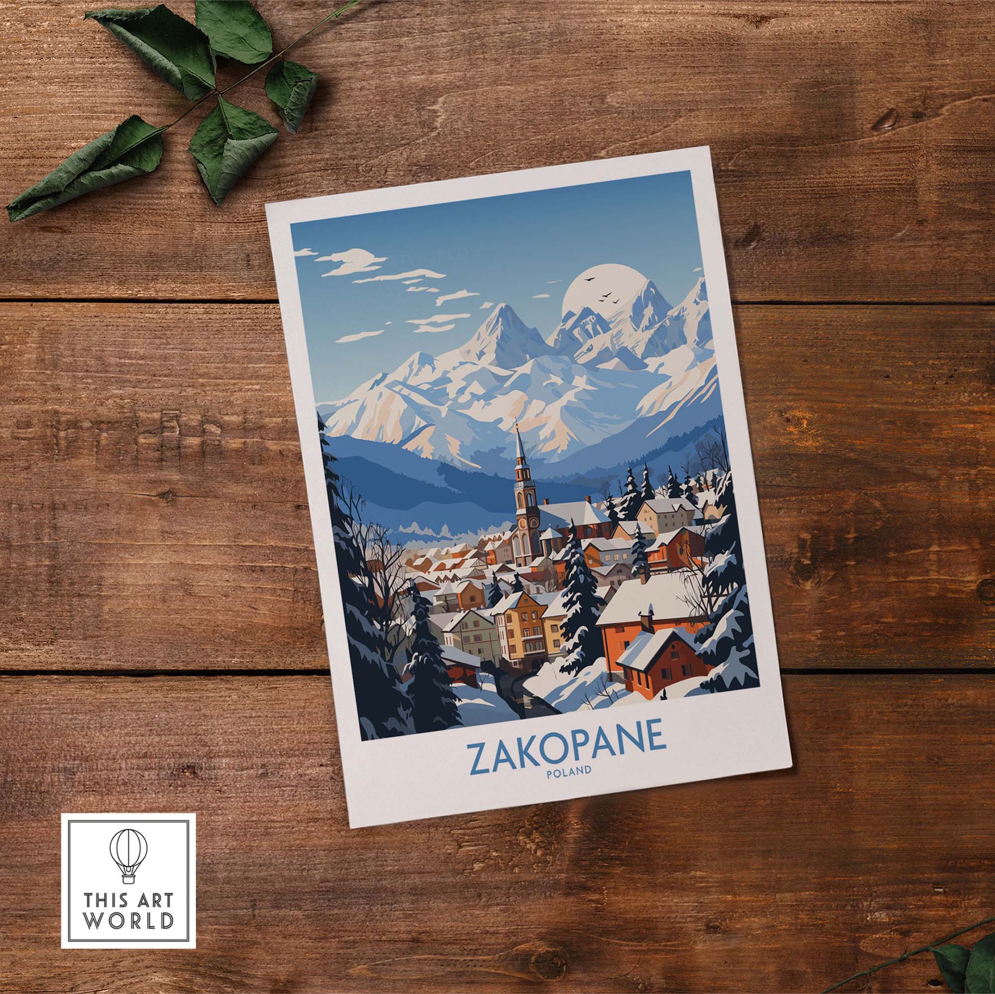 Zakopane travel poster showcasing a picturesque winter scene of mountains and a ski resort town in Poland.