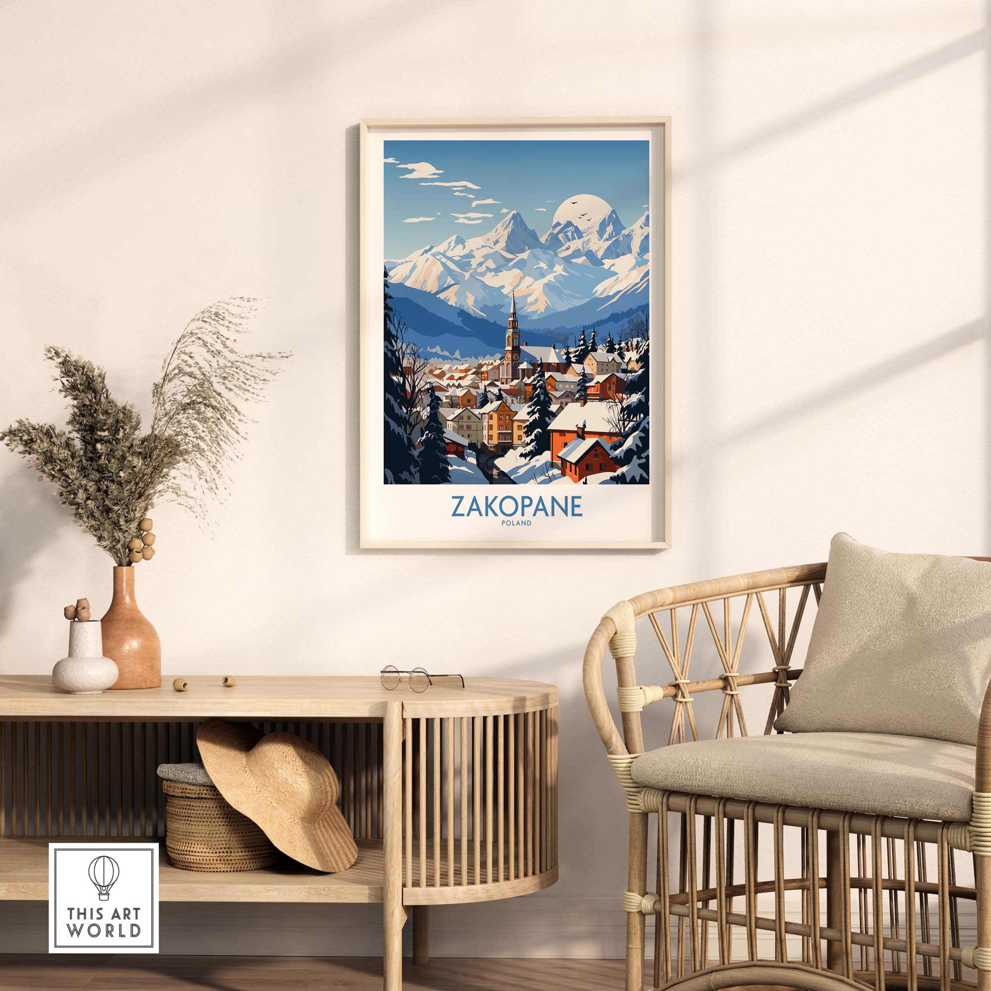 Zakopane Travel Poster showcasing snowy mountains and chalet-style homes, perfect for winter enthusiasts and decor lovers.