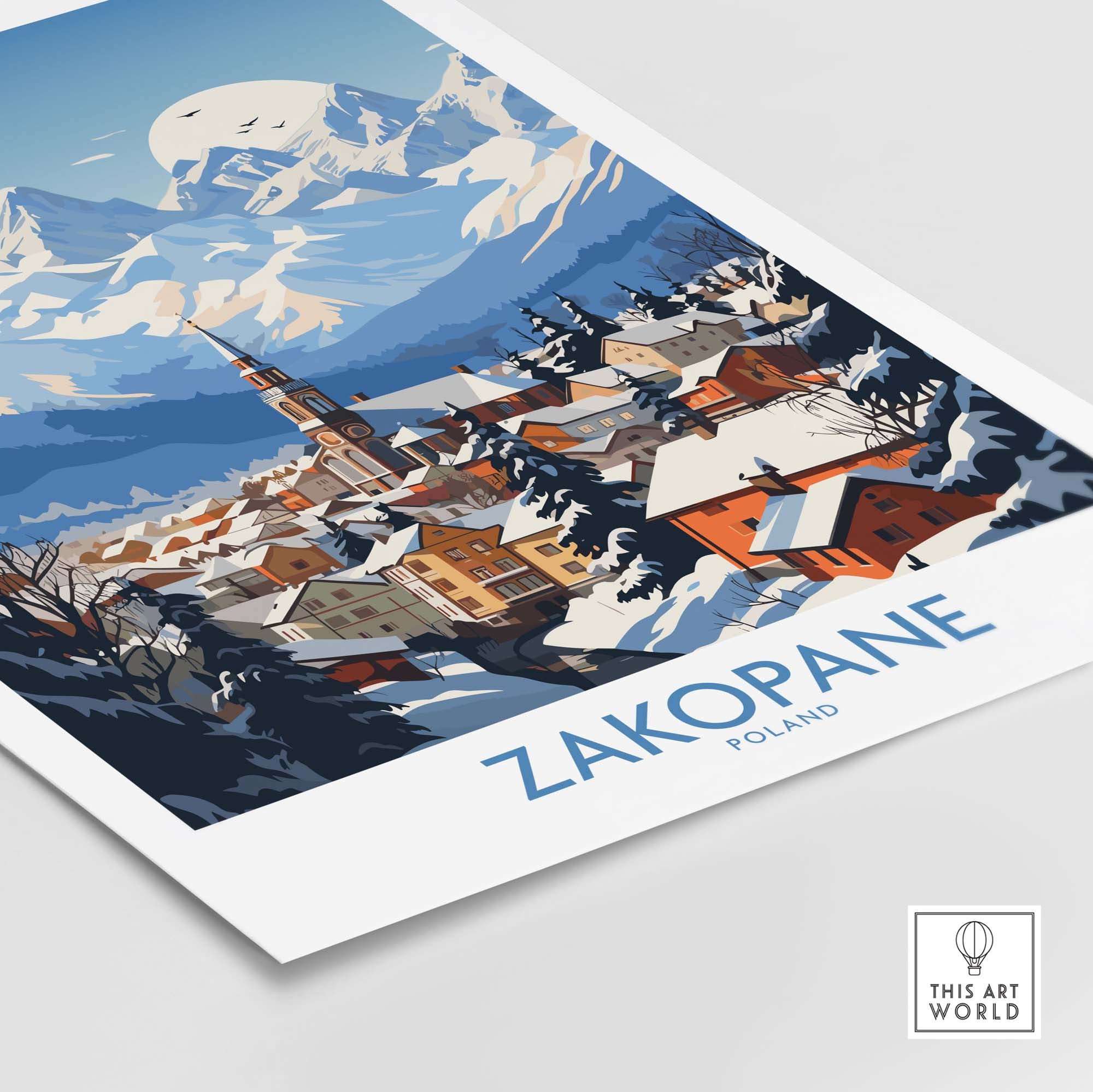 Zakopane travel poster showcasing the winter landscape and ski resort charm of Zakopane, Poland. Perfect for outdoor adventure lovers.