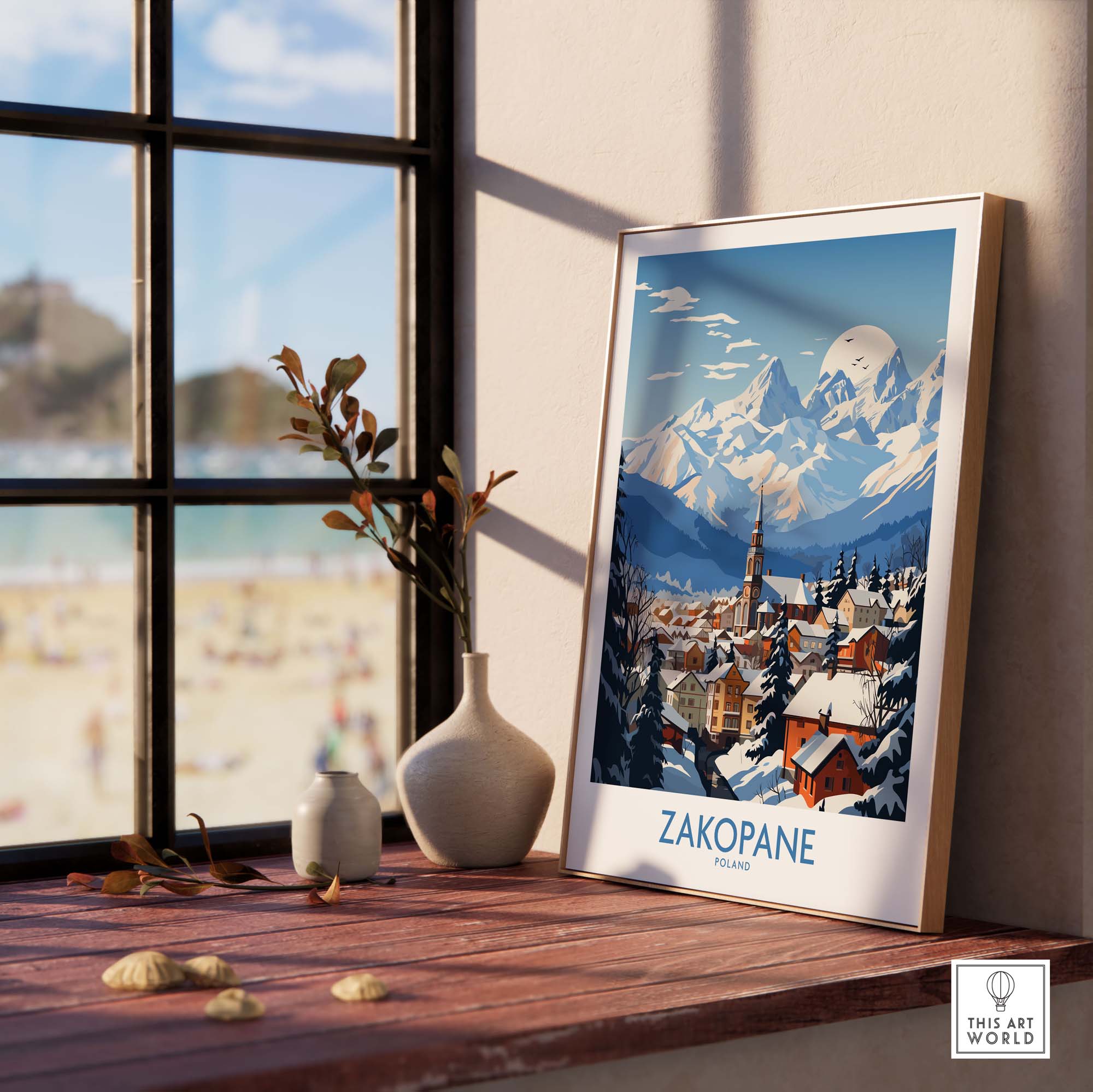 Zakopane travel poster showcasing the beautiful snowy mountains and charming village scene, perfect for outdoor enthusiasts.