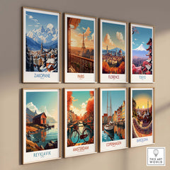 Travel poster collage featuring Zakopane, Paris, Florence, Tokyo, Reykjavik, Amsterdam, Copenhagen, and Barcelona.